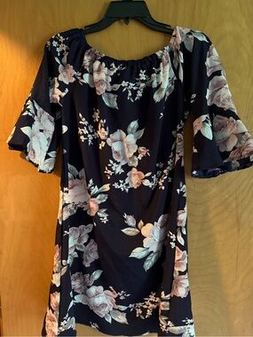 Floral Off-Shoulder Women’s dress - Navy with Pink Roses